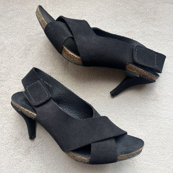 Pedro Garcia Maggie Black Suede Cork Heel Sandal Women EU 35.5 US 5.5 Slingback - Picture 1 of 16
